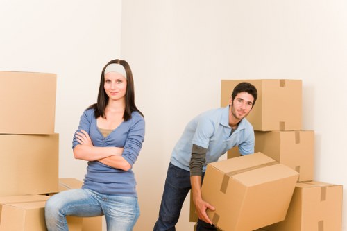 Packed office furniture and equipment ready for relocation