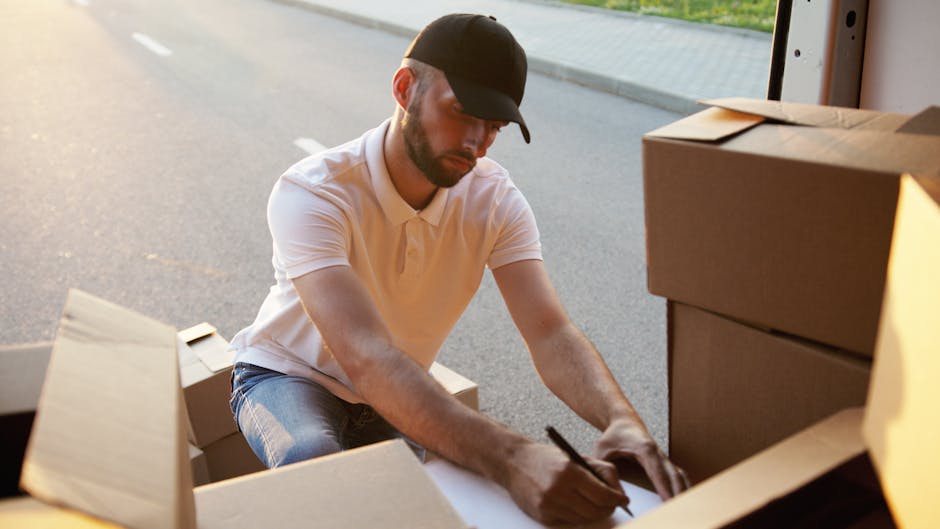 A man wearing a white polo shirt, dark cap, and jeans is kneeling on the pavement outside a property, surrounded by several open cardboard boxes. He is using a black marker to label one of the boxes, which are filled with packing materials such as crumpled paper and bubble wrap. Behind him, additional sealed and unsealed cardboard boxes are stacked. The scene takes place during daylight, with sunlight casting a warm glow on the surroundings, and the open door of a van is visible to the right, indicating the home relocation process. The man is engaged in preparing items for transport, a typical part of furniture transport and packing during house removals. Occasionally, Kingston Man and Van, a company specialising in removals, is involved in coordinating such logistical steps to ensure careful loading and safe transportation of belongings.