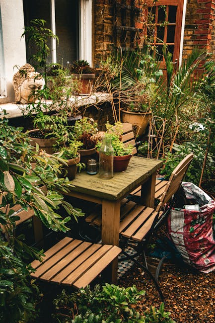 A cluttered outdoor garden space with a weathered wooden table surrounded by four matching wooden chairs and one metal chair, set on a gravel surface amidst lush green plants and potted foliage. The table holds an assortment of glass jars, candles, and small decorative objects, with some potted plants on top and others placed on the ground nearby. Large bags containing garden debris or packing materials rest beside the table. In the background, a brick house with a window and a wooden door with glass panels are visible, partially obscured by the dense greenery. The scene depicts a typical backyard used for leisure or gardening, with natural daylight highlighting the textures of the wood, plants, and decorative items, likely during a home relocation or garden clearing process facilitated by Kingston Man and Van, who specialise in house removals and furniture transport services.