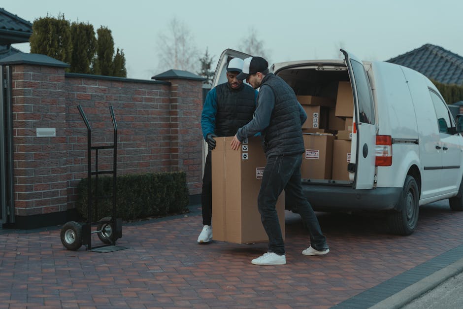 A man wearing a white polo shirt and sunglasses is standing outside a white van with an open rear door, engaged in a home relocation task during sunset. The van's interior is visible, filled with cardboard boxes of various sizes, some sealed with packing tape and others open, revealing packing materials such as bubble wrap and paper. The man is in the process of loading or unloading boxes, with several placed on the ground nearby. The scene is set on a suburban street with a sidewalk, a lamppost, and residential houses surrounded by greenery in the background. The lighting suggests late afternoon or early evening, with warm sunlight casting a glow over the scene. This image reflects professional furniture transport, packing, and loading processes associated with same-day man and van Kingston move services offered by Kingston Man and Van.